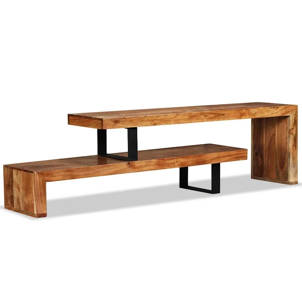 Wooden TV Stand Solid Acacia Wood 2-Tier Stackable Cabinet Brown Retro