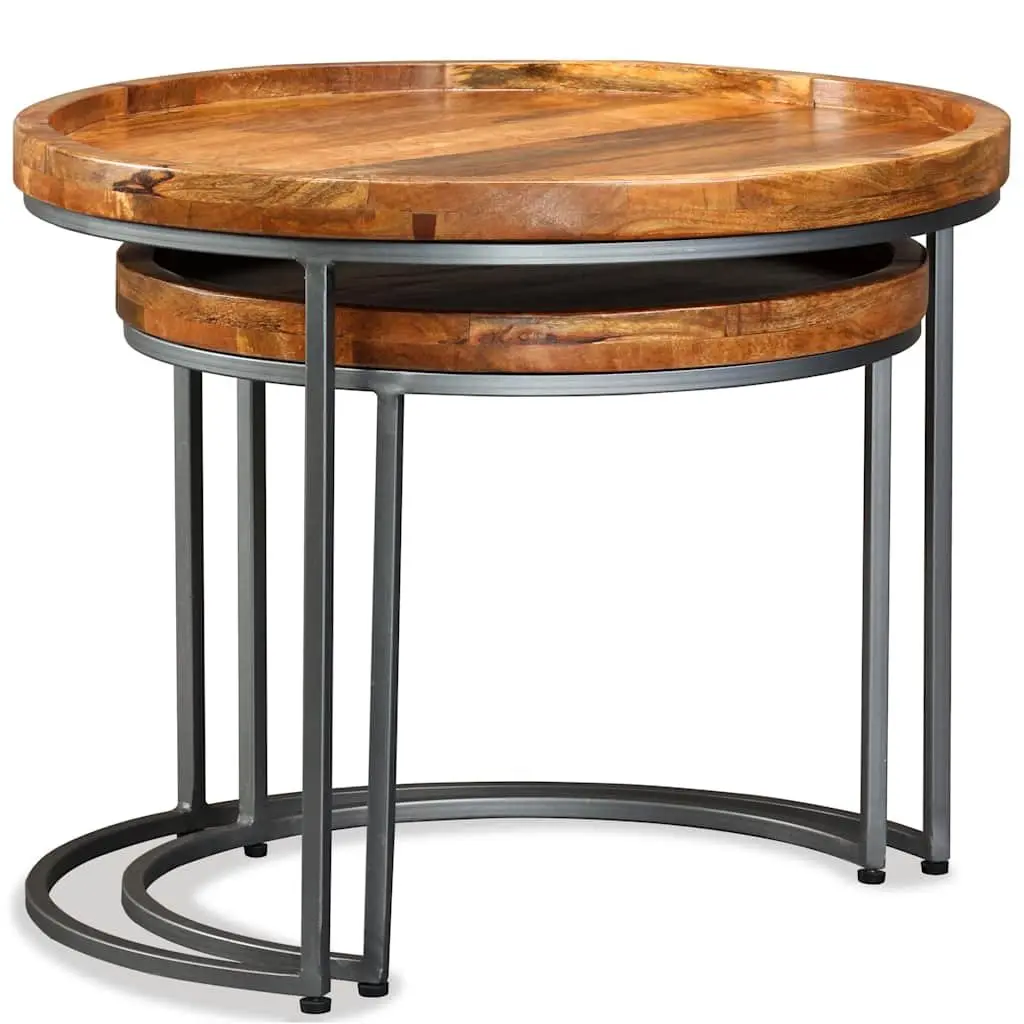 Side Table Set Solid Mango Wood Industrial Vintage Accent End Tables 2 Pieces Brown