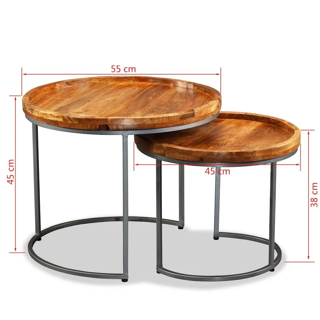 Side Table Set Solid Mango Wood Industrial Vintage Accent End Tables 2 Pieces Brown