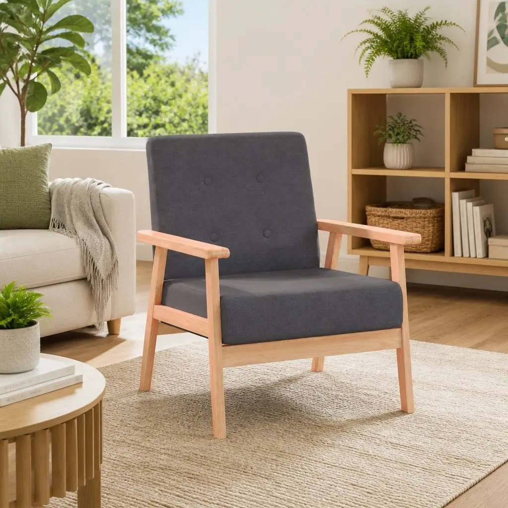 Lounge Chair Dark Grey Upholstered Fabric Soft Polyester Living Room Armchair