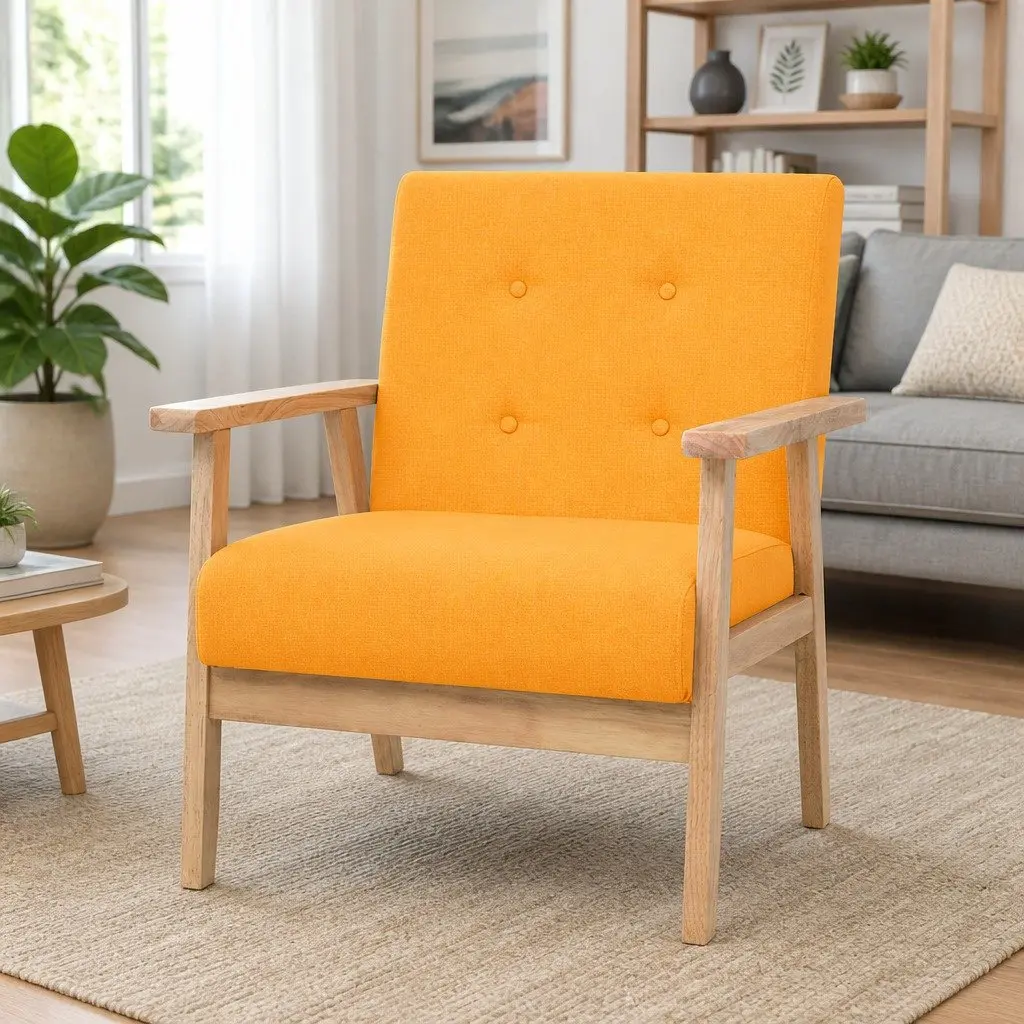 Armchair Yellow Upholstered Fabric Living Room Lounge Chair with Foam Padding and Solid Wooden Frame