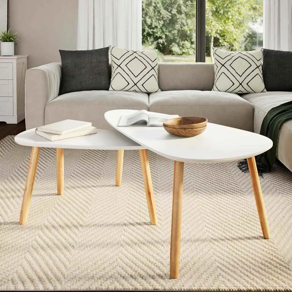 Scandinavian Style Coffee Table Set 2 Pieces White Solid Pinewood MDF for Living Room