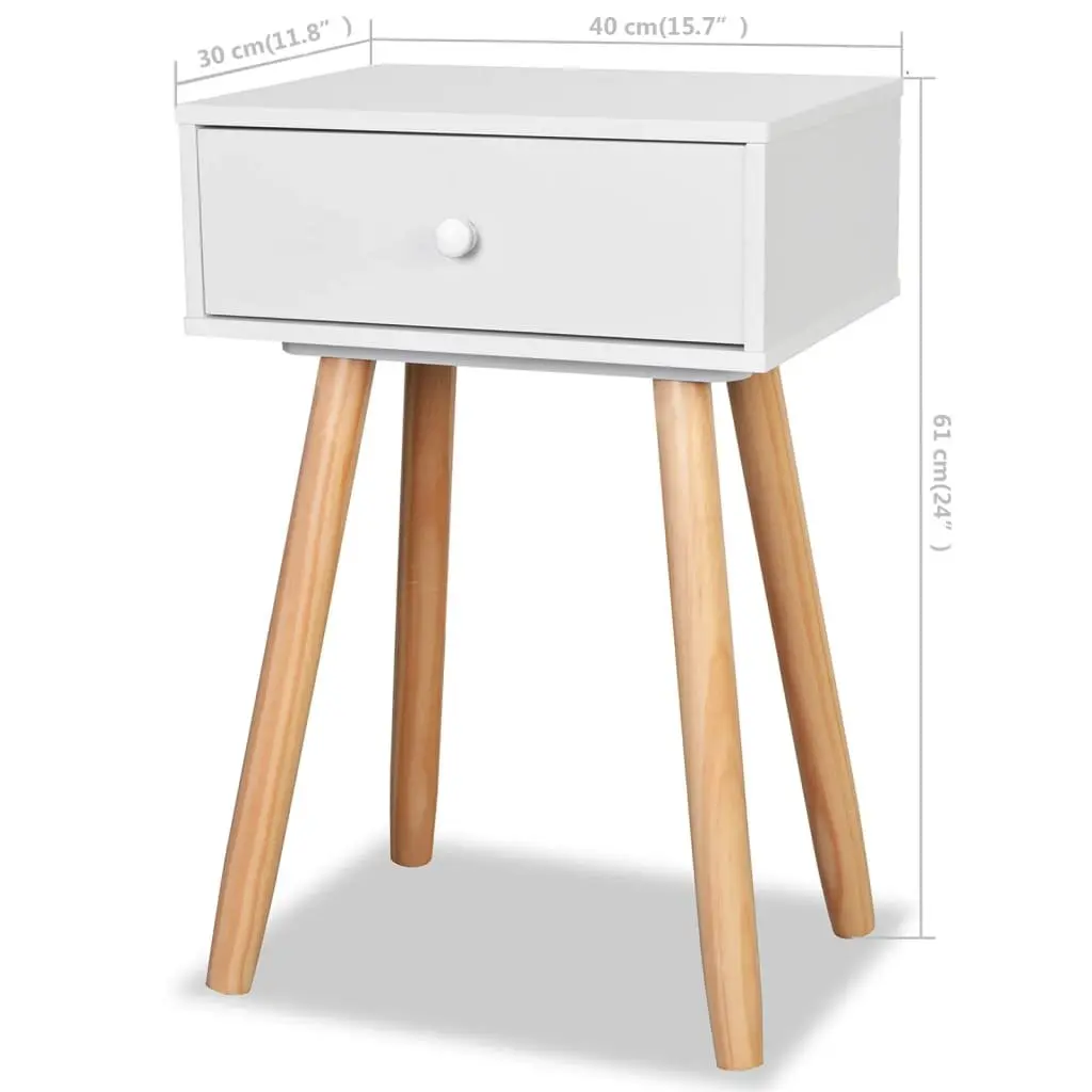 Bedside Tables Solid Pinewood White 2 Piece Nightstands Drawer Storage