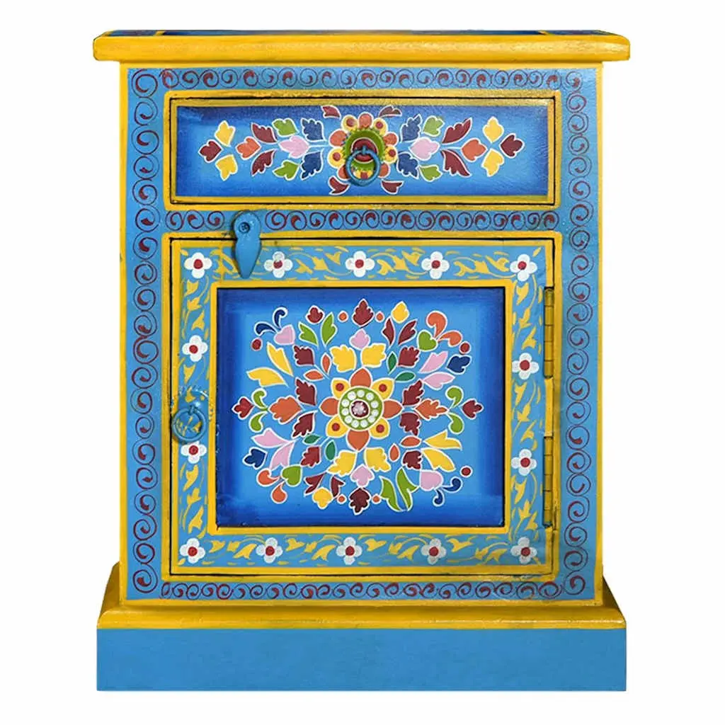 Turquoise Nightstand with Retro Hand-Painted Charm