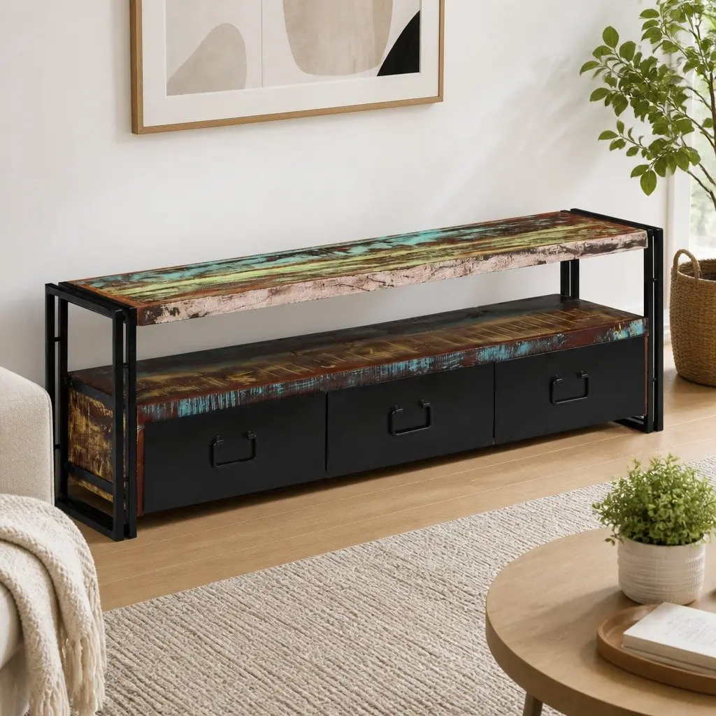 TV Cabinet Solid Reclaimed Wood Industrial Style 120 x 30 x 40 cm Multicolour Antique Drawers Shelf Unit