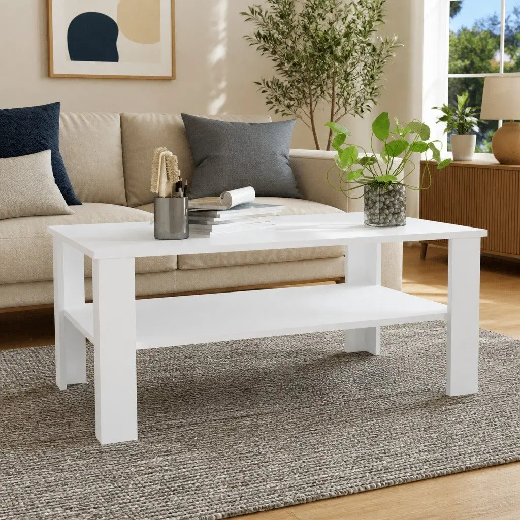 White Coffee Table with Storage Shelf Modern Two-Tier Design Living Room Accent