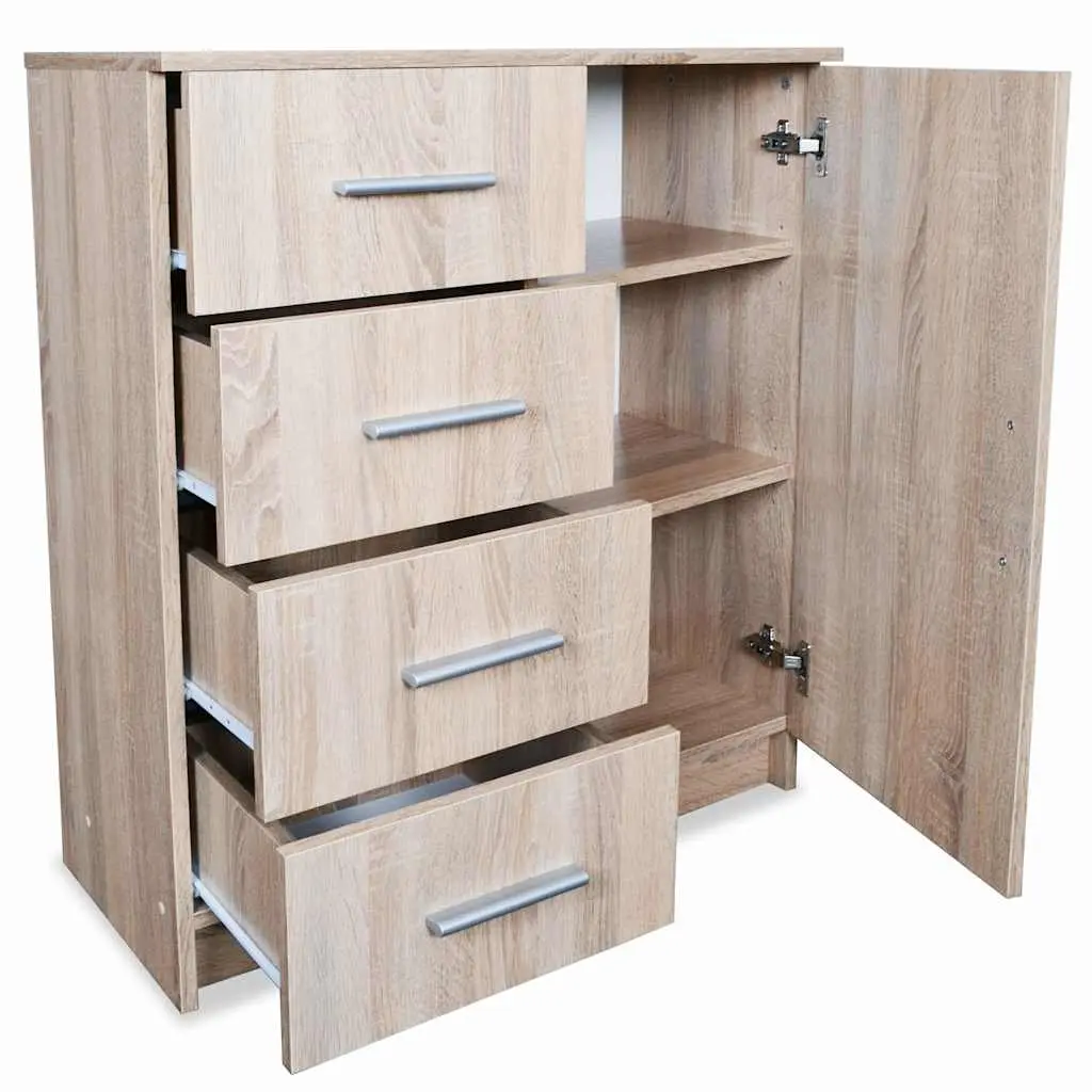 Engineered Wood Sideboard Cabinet Brown Oak 4 Drawer 1 Compartment Storage Unit
