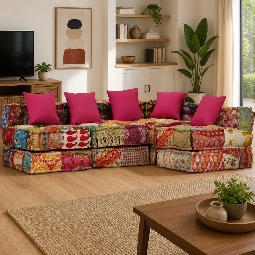 4-Seater Modular Pouffe Sofa Bed Patchwork Fabric Corner Couch Convertible