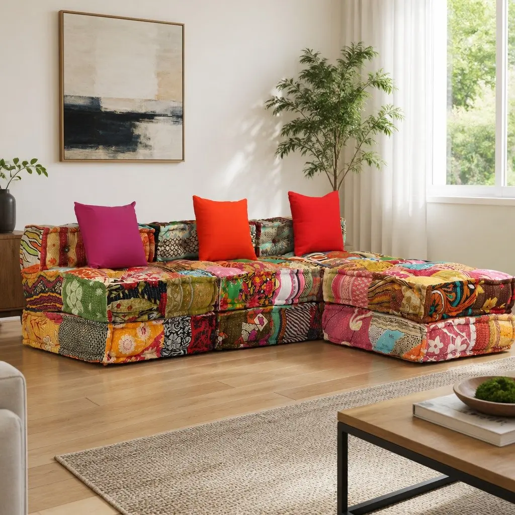 3-Seater Modular Pouffe Patchwork Multicolour Convertible Sofa Bed Lounger