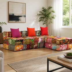 3-Seater Modular Pouffe Patchwork Multicolour Convertible Sofa Bed Lounger