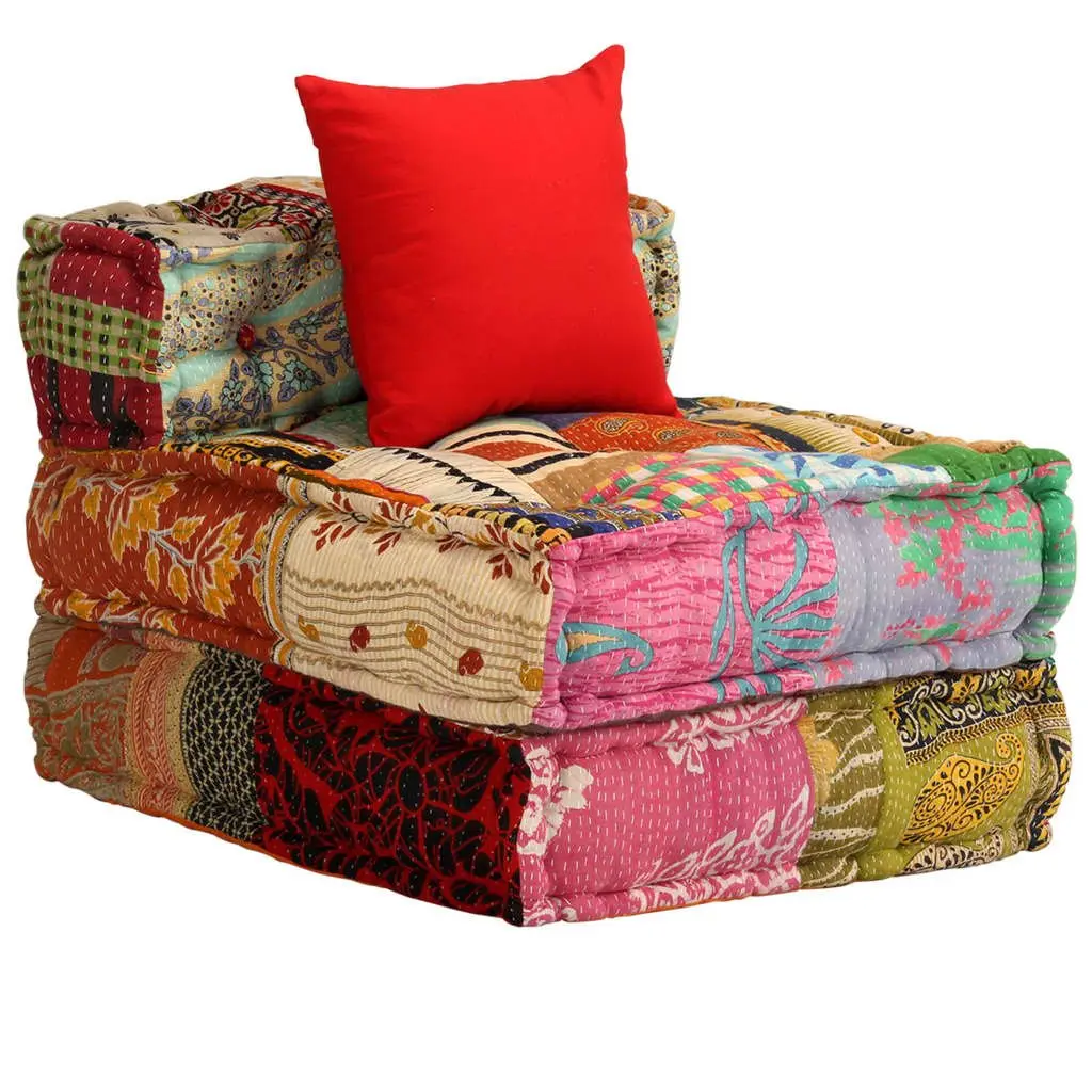 Modular Pouffe Cotton Fabric 3-Seater Multicolour Patchwork Convertible Sofa Bed Lounger
