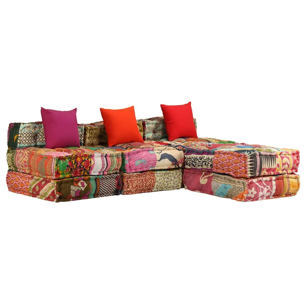 Modular Pouffe Cotton Fabric 3-Seater Multicolour Patchwork Convertible Sofa Bed Lounger