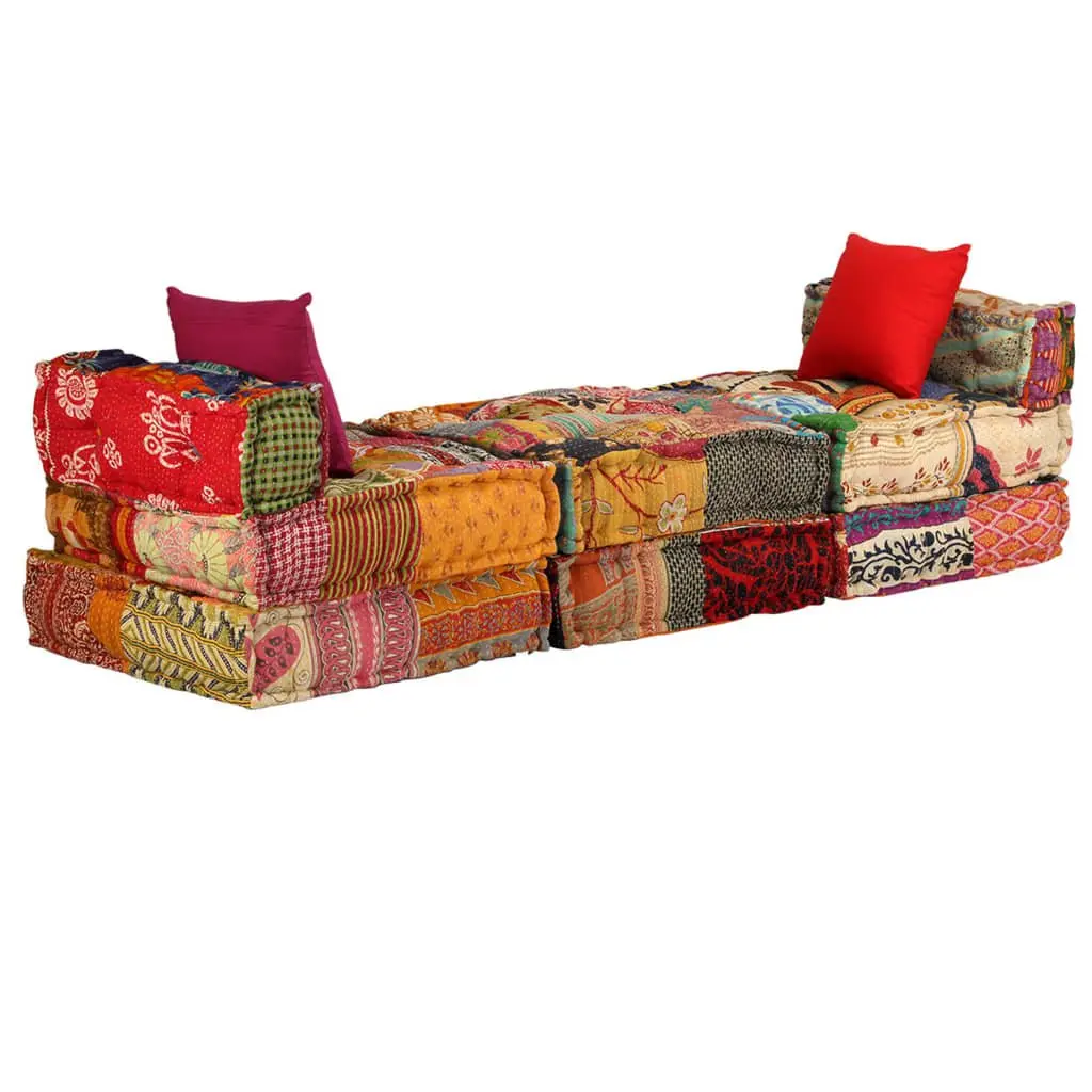 Modular Pouffe Cotton Fabric 3-Seater Multicolour Patchwork Convertible Sofa Bed Lounger