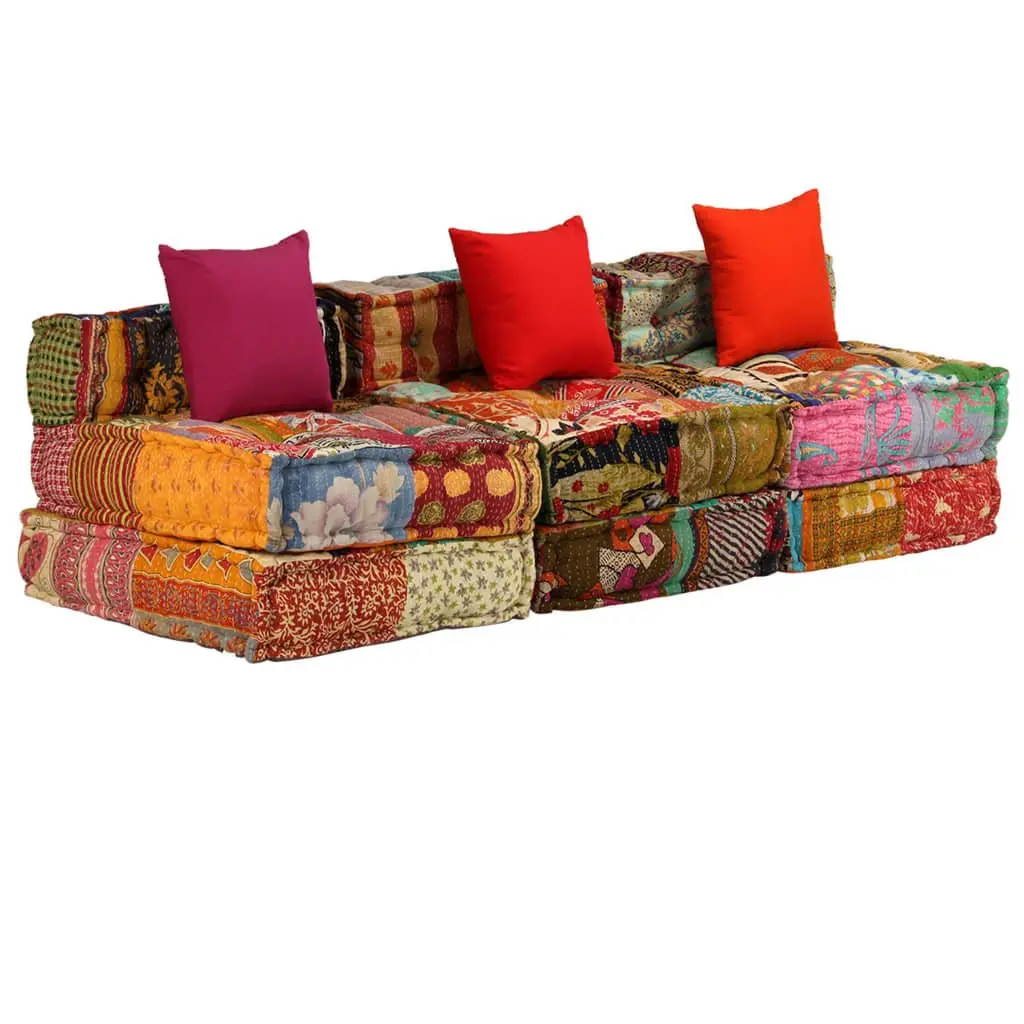 Modular Pouffe Cotton Fabric 3-Seater Multicolour Patchwork Convertible Sofa Bed Lounger