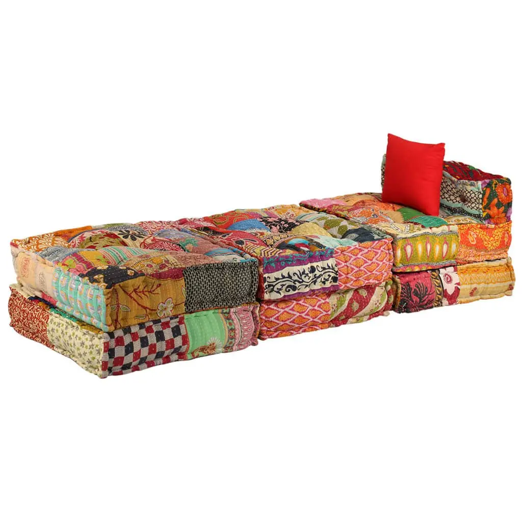Modular Pouffe Cotton Fabric 3-Seater Multicolour Patchwork Convertible Sofa Bed Lounger