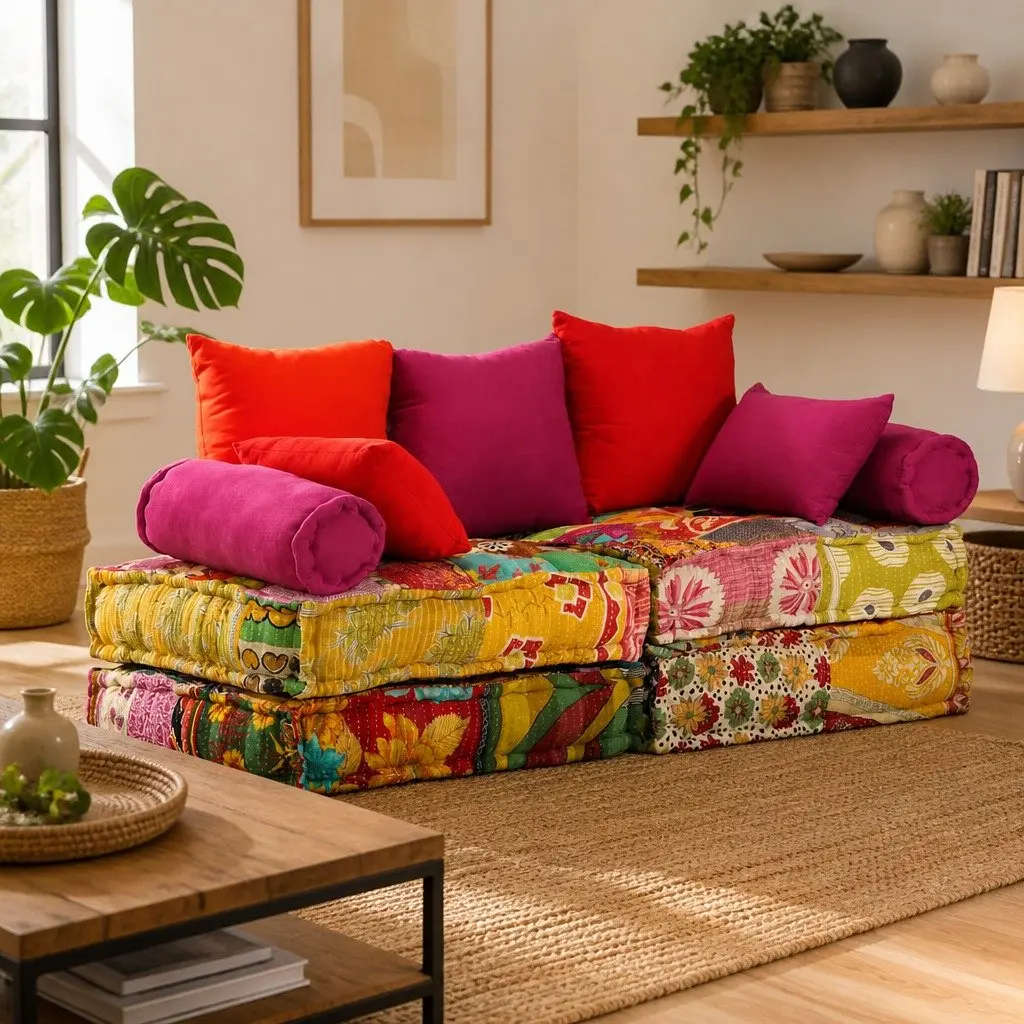 2-Seater Modular Pouffe Patchwork Multicolour Convertible Sofa Bed Lounge