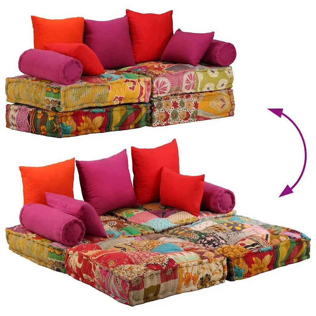 2-Seater Modular Pouffe Patchwork Multicolour Convertible Sofa Bed Lounge