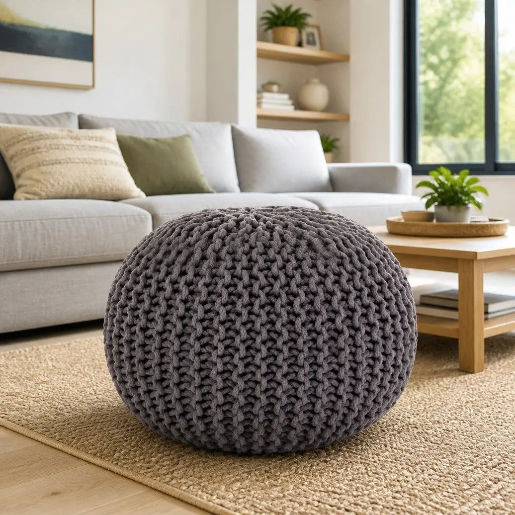 HandknittedFootstoolCottonGrey50x35cmPouffeDecorativeAccentComfortableFurniture