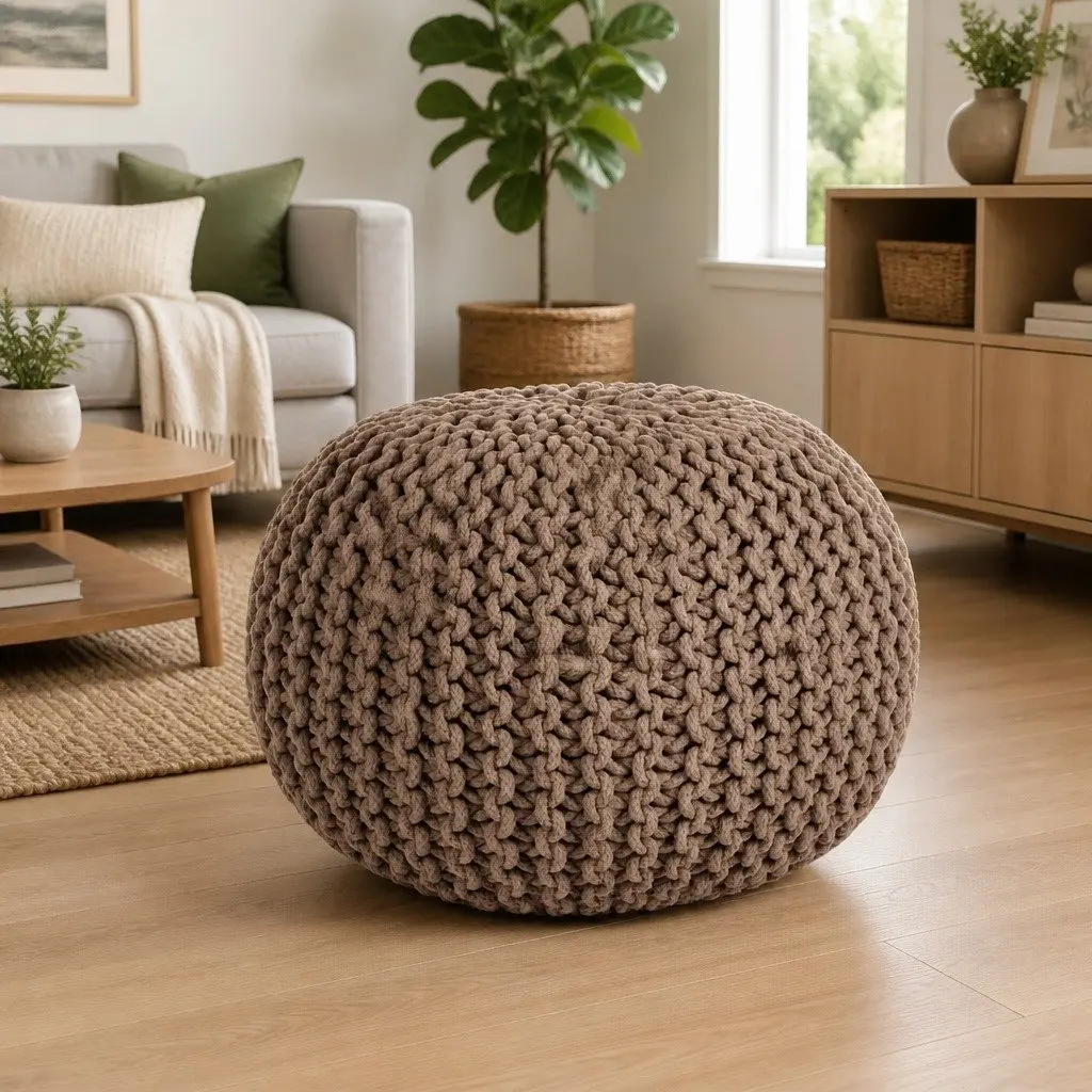 Hand-Knitted Cotton Pouffe Footstool 50x35 cm Brown