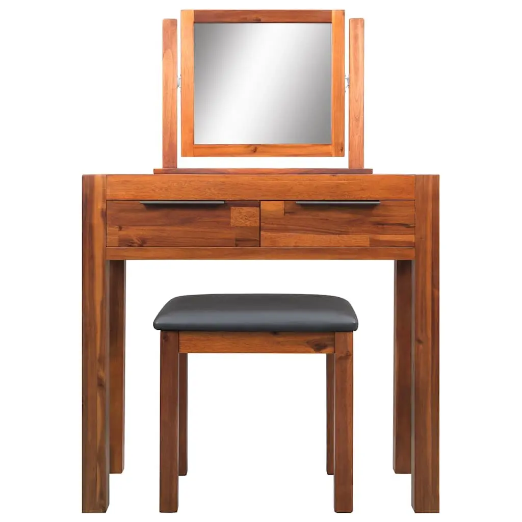 Solid Acacia Wood Dressing Table Set with Mirror and Stool Brown Bedroom Vanity Unit