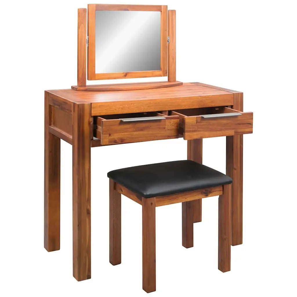 Solid Acacia Wood Dressing Table Set with Mirror and Stool Brown Bedroom Vanity Unit