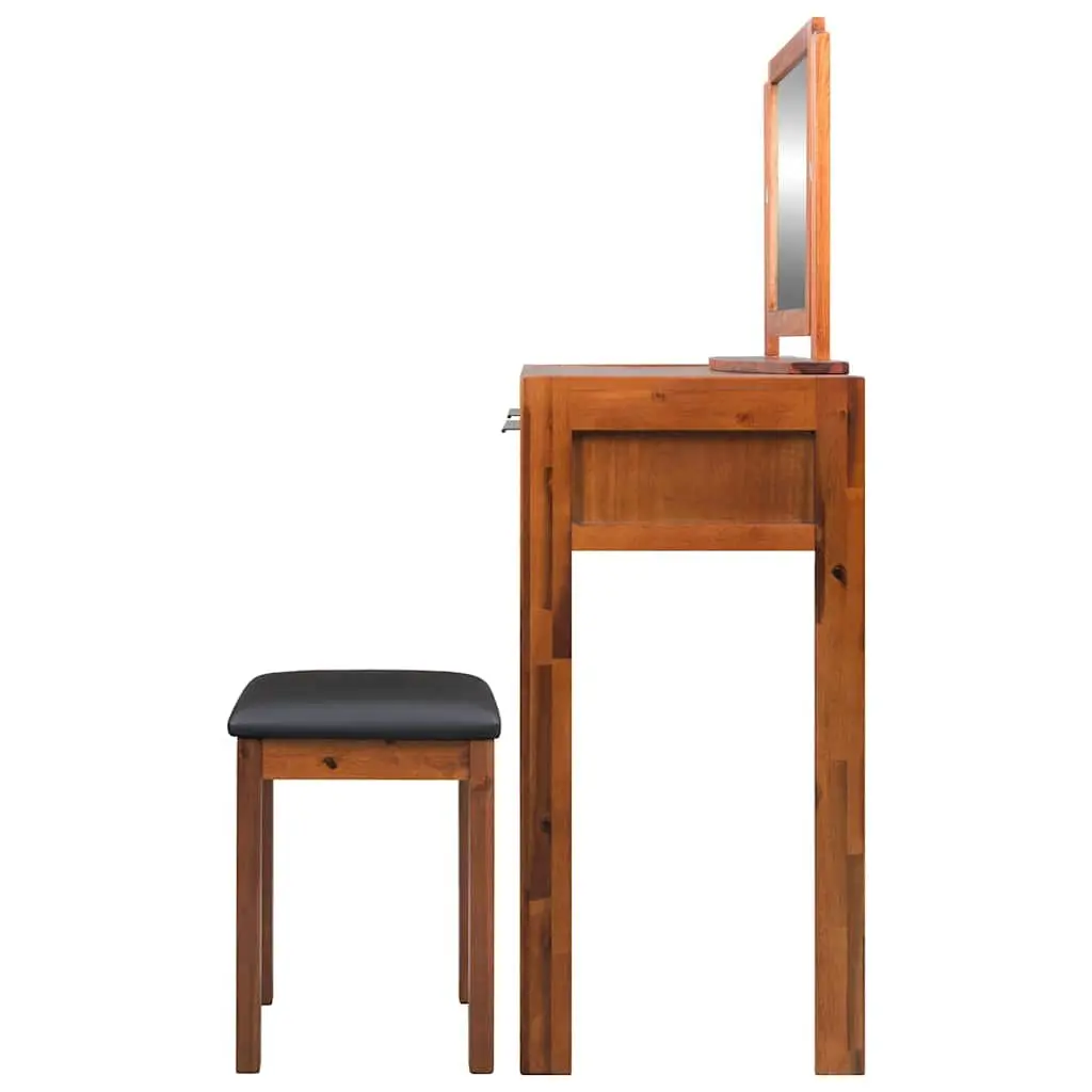 Solid Acacia Wood Dressing Table Set with Mirror and Stool Brown Bedroom Vanity Unit