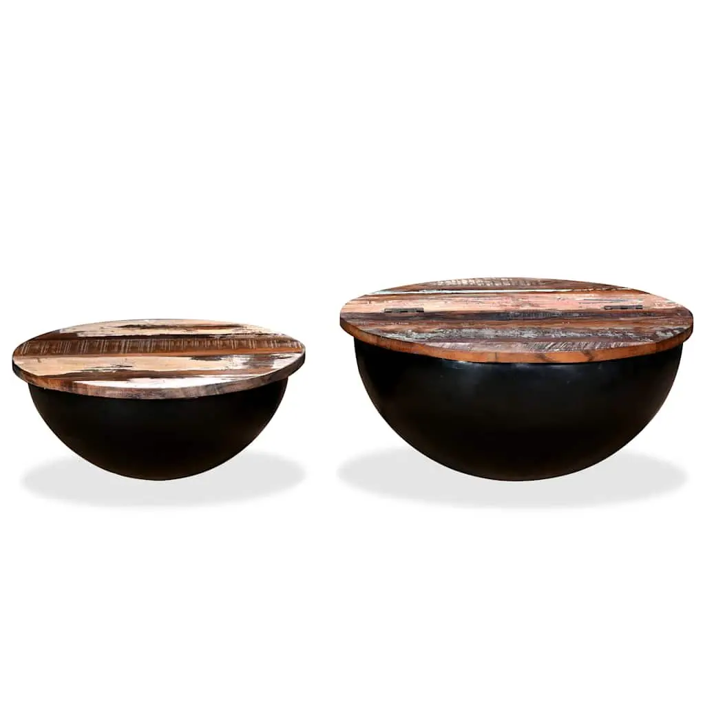 Coffee Table Set Solid Reclaimed Wood Bowl Shape Black Industrial 2 Pieces