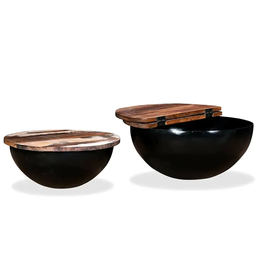 Coffee Table Set Solid Reclaimed Wood Bowl Shape Black Industrial 2 Pieces