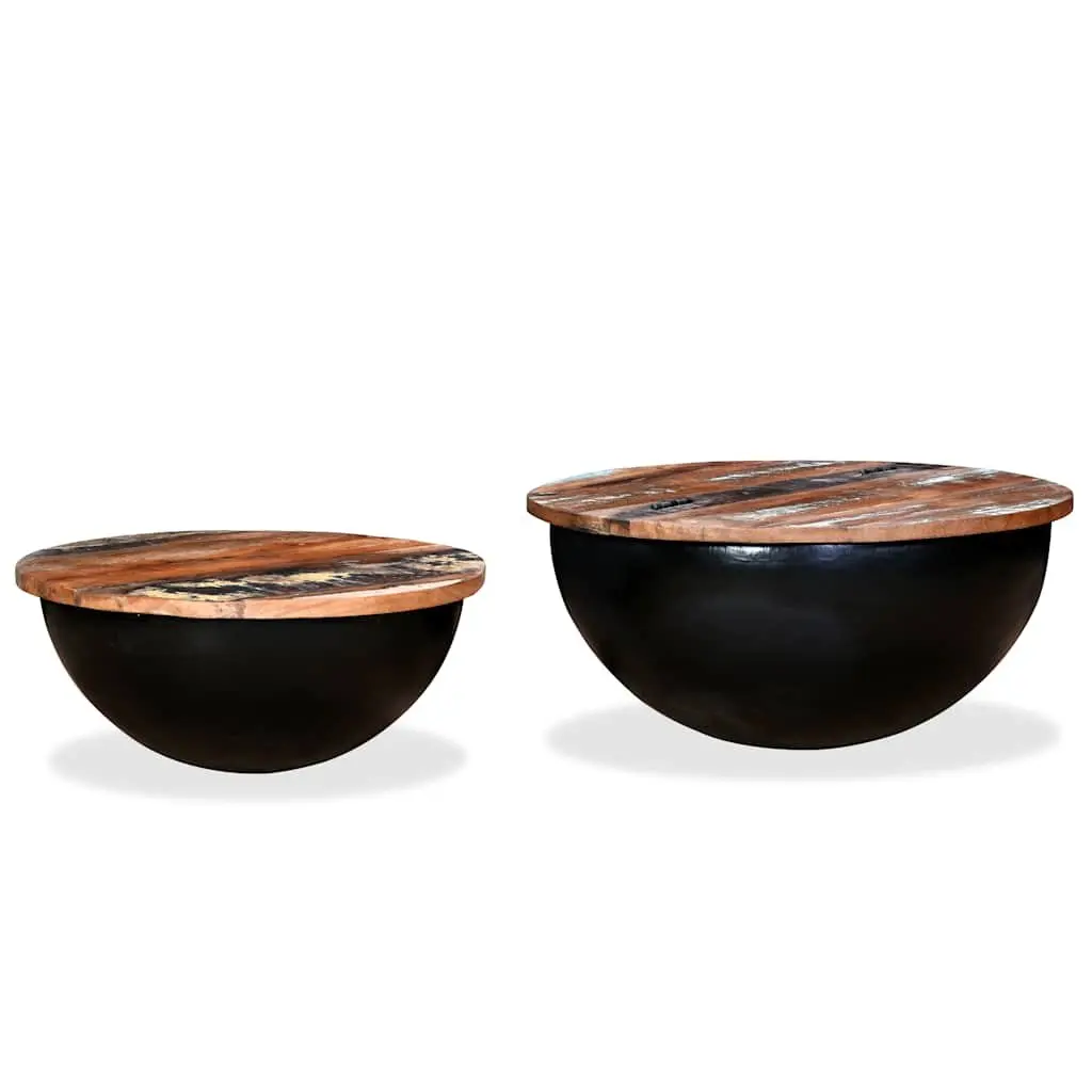 Coffee Table Set Solid Reclaimed Wood Bowl Shape Black Industrial 2 Pieces