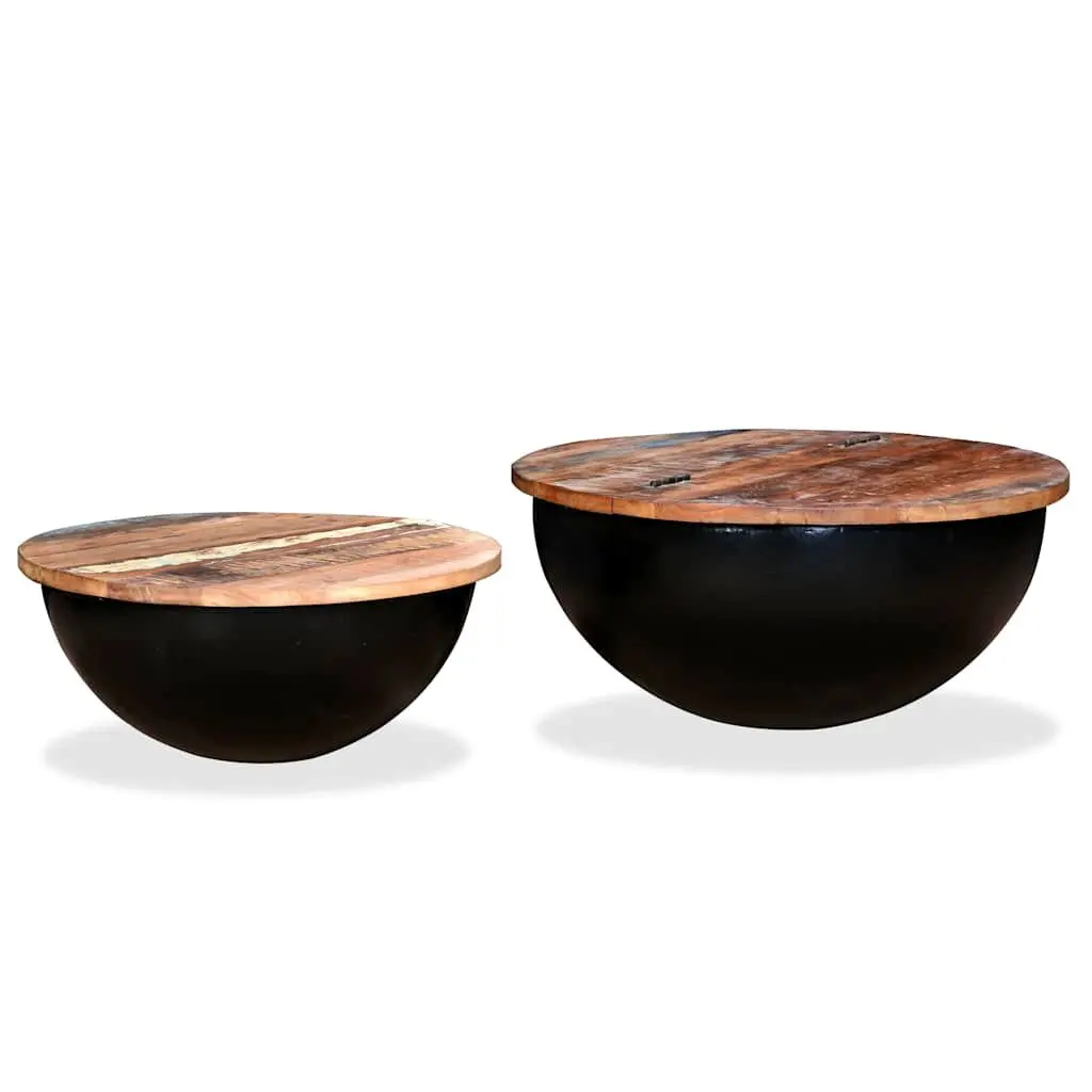 Coffee Table Set Solid Reclaimed Wood Bowl Shape Black Industrial 2 Pieces