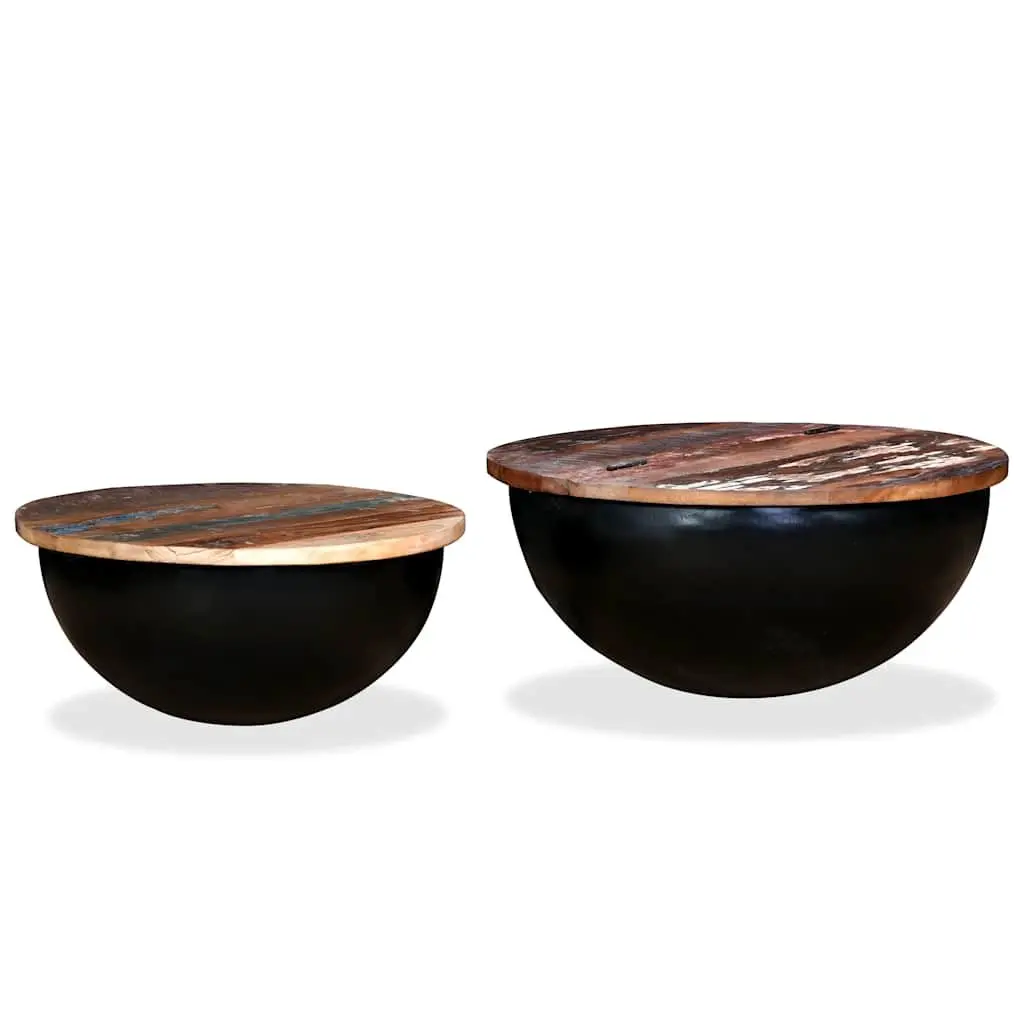 Coffee Table Set Solid Reclaimed Wood Bowl Shape Black Industrial 2 Pieces