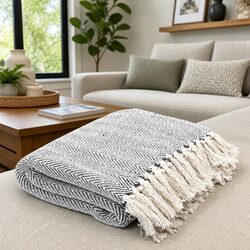 Cotton Throw Blanket Herringbone Grey 125x150 cm Soft Plaid Tassel Bedding