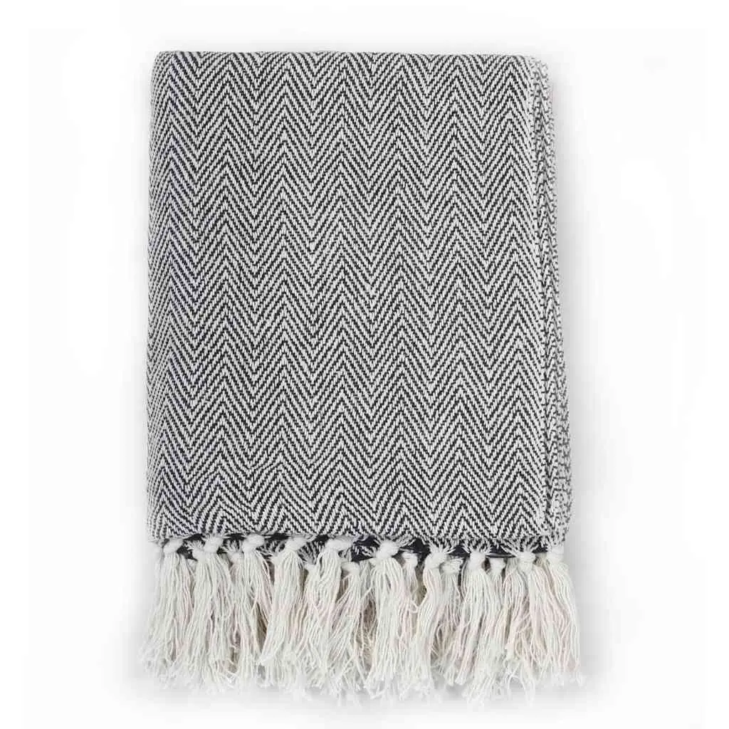 Navy Blue Herringbone Cotton Throw Blanket