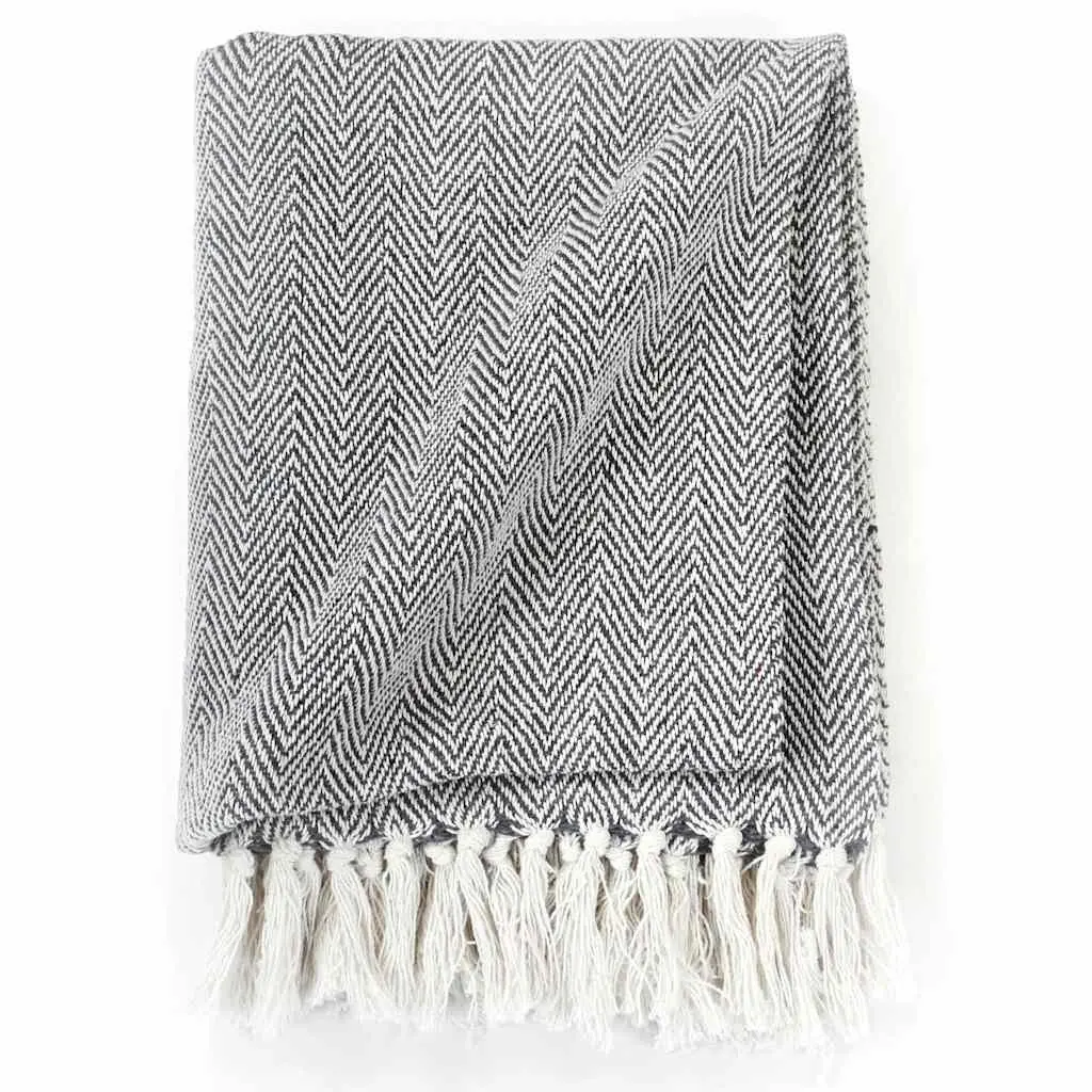 Navy Blue Herringbone Cotton Throw Blanket