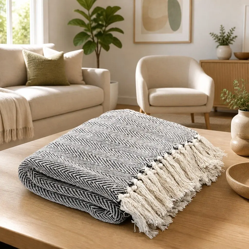 Navy Blue Cotton Throw Blanket for Sofa and Chair Use 160x210cm