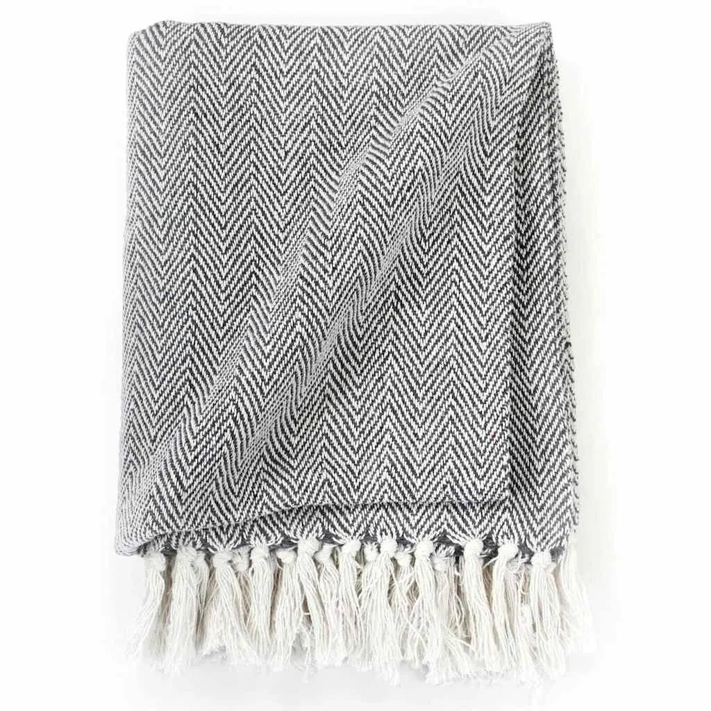 Cotton Herringbone Throw Blanket 160x210cm Navy Blue