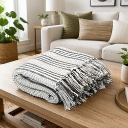 Cotton Throw Blanket 220x250 cm Grey White Striped Soft Plaid Tassel Sofa Bed