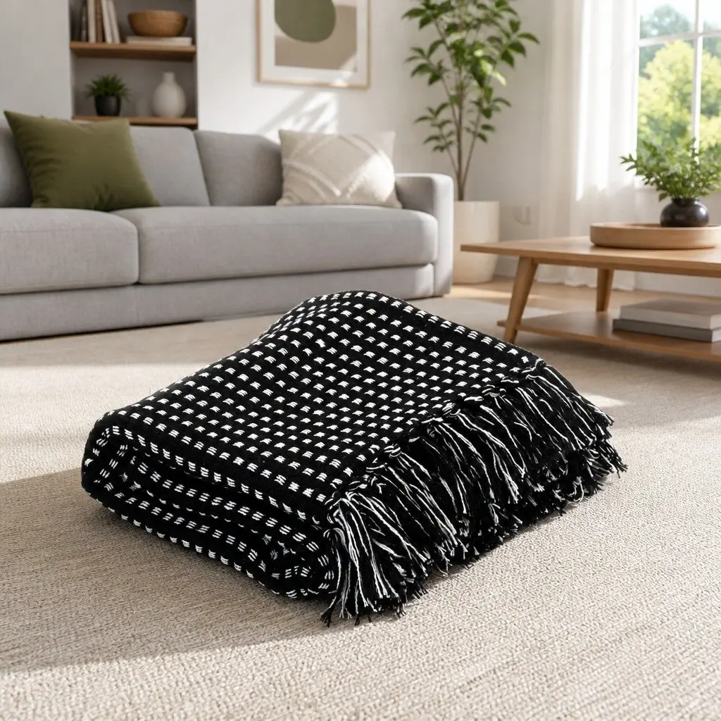 Black Plaid Cotton Throw Blanket 160x210 cm