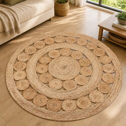 Round Area Rug Braided Jute Handwoven Natural Beige 150cm Carpet Home Decor