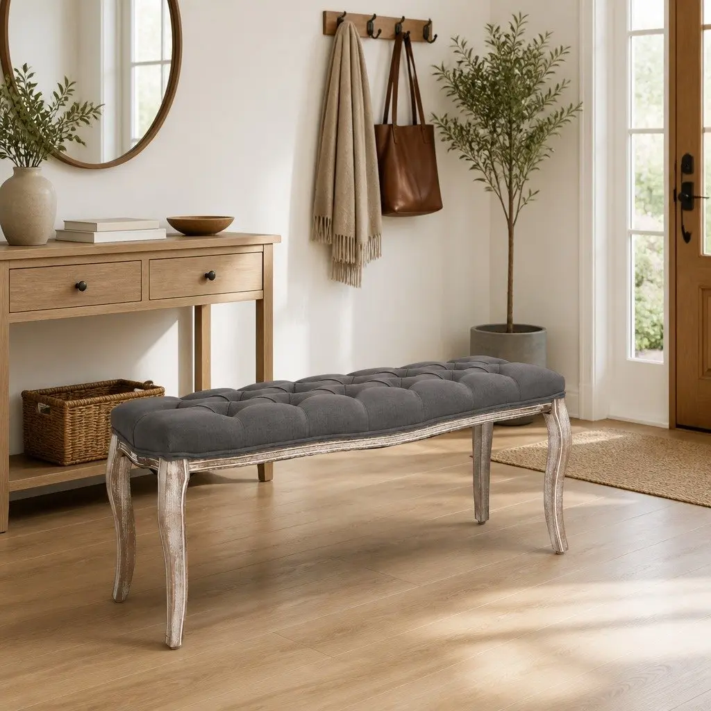 Padded Storage Bench Grey Linen Solid Wood Frame Entryway Hallway Seating