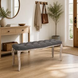 Padded Storage Bench Grey Linen Solid Wood Frame Entryway Hallway Seating