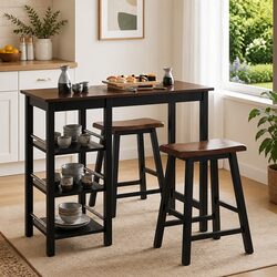 Bar Set 3 Pieces Table and Stools Kitchen Dining Furniture Black