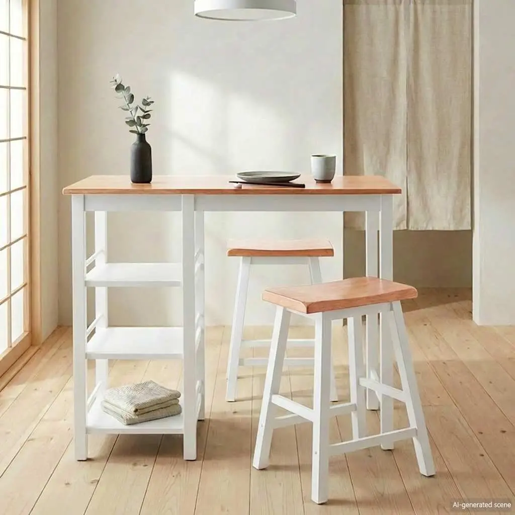 Bar Set MDF Rubberwood 3 Pieces White Kitchen Dining Room Furniture