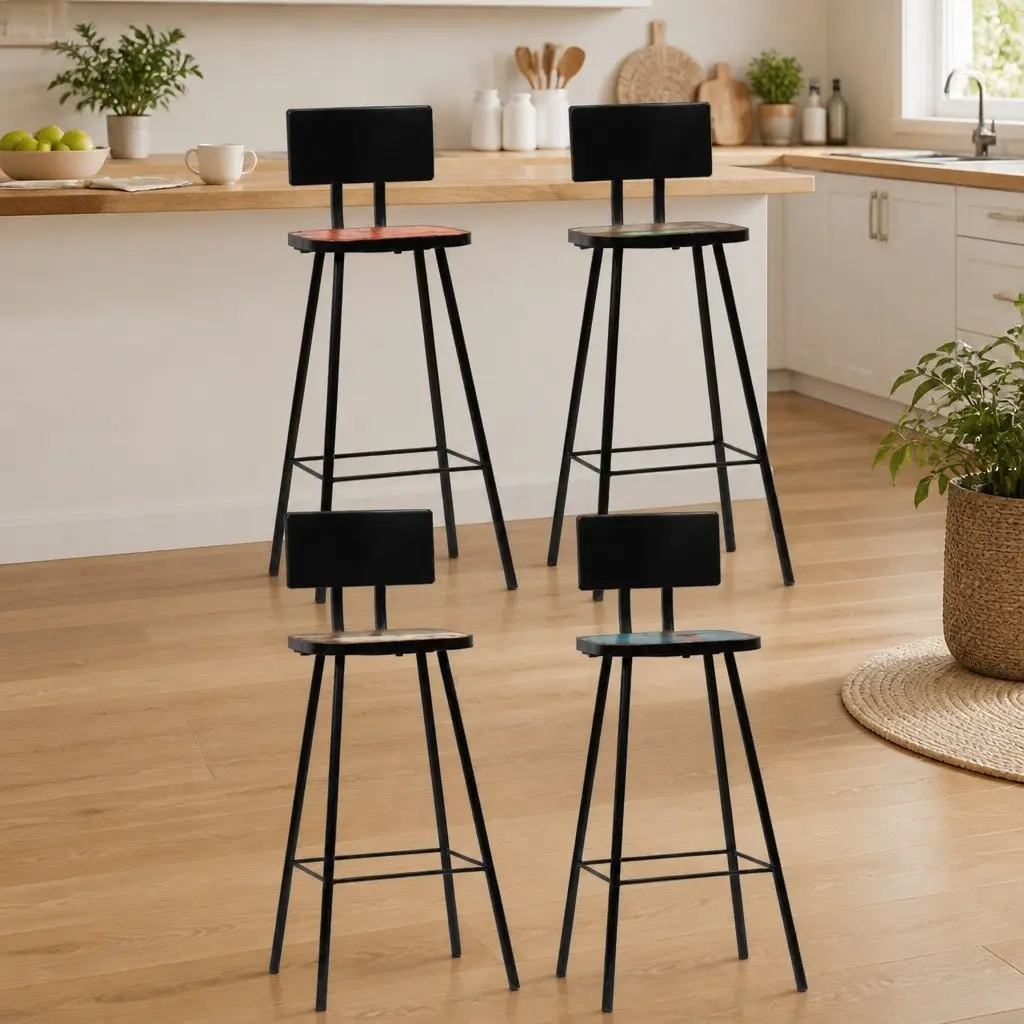 Bar Stools Reclaimed Wood Brown Steel Frame 4 Piece