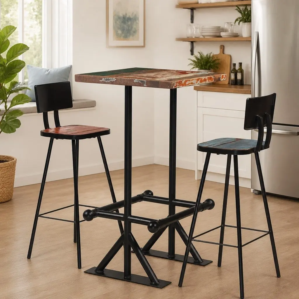 Bar Set Reclaimed Wood Industrial Retro 3 Piece Table Chairs Multicolour