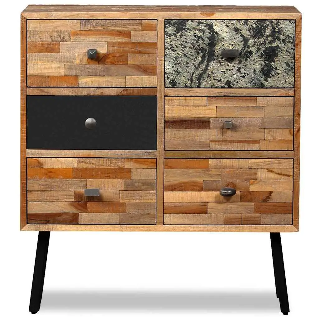 Side Cabinet Reclaimed Teak 70W x 30D x 76H cm Brown Vintage 6 Drawers Storage
