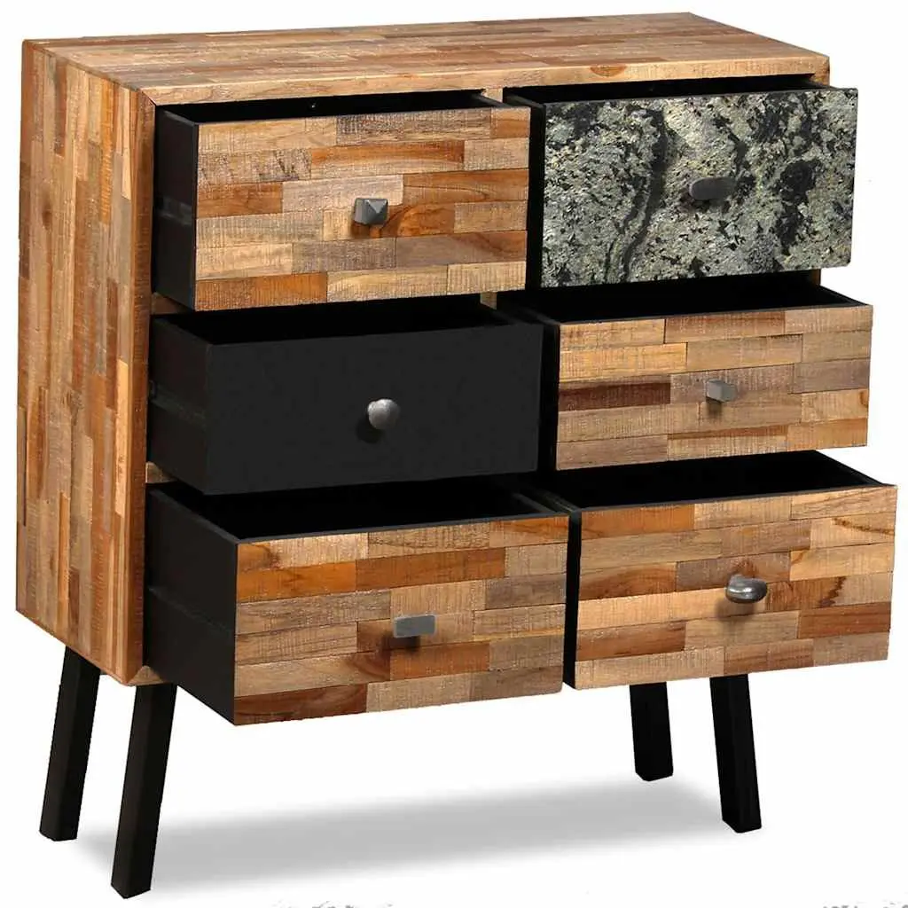 Side Cabinet Reclaimed Teak 70W x 30D x 76H cm Brown Vintage 6 Drawers Storage