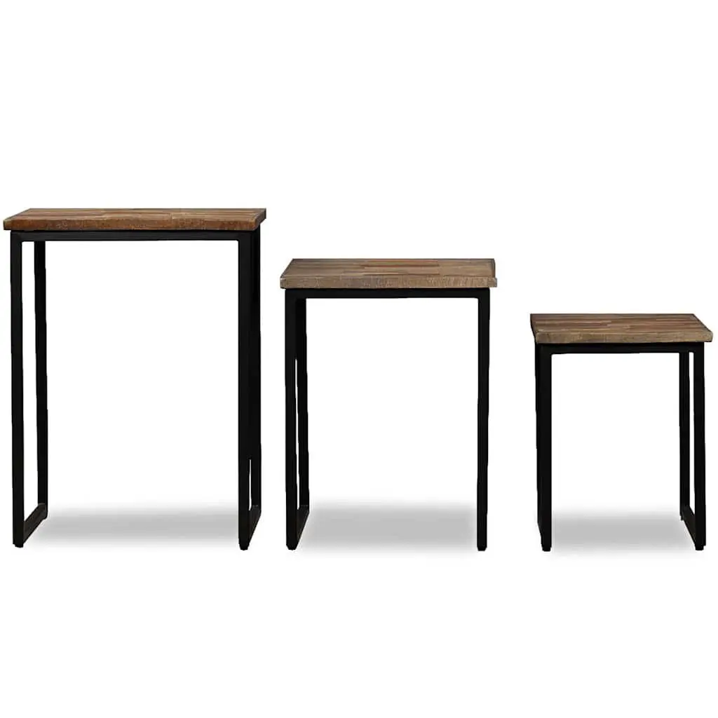 3 Piece Nesting Coffee Table Set Reclaimed Teak Industrial Style Brown Accent