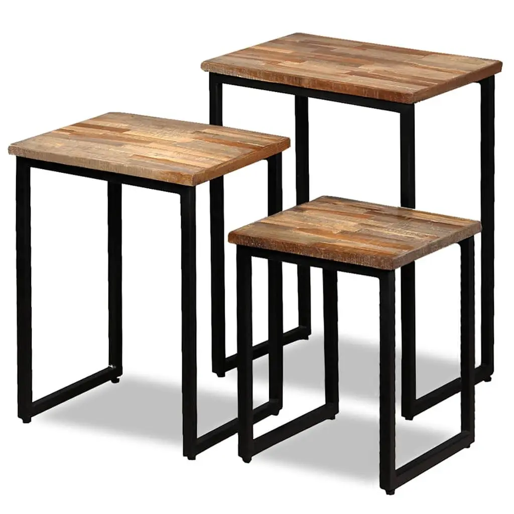 3 Piece Nesting Coffee Table Set Reclaimed Teak Industrial Style Brown Accent