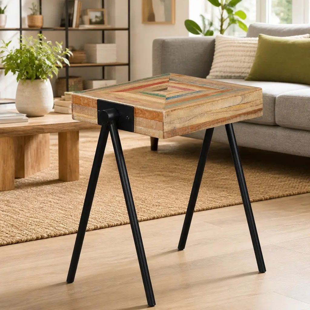 End Table Reclaimed Solid Wood Multicolour Industrial Steel Legs